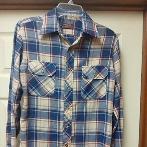 Kingsport Long Sleeve Shirt Mens Small Blue Tan Plaid Button Down Front Pockets